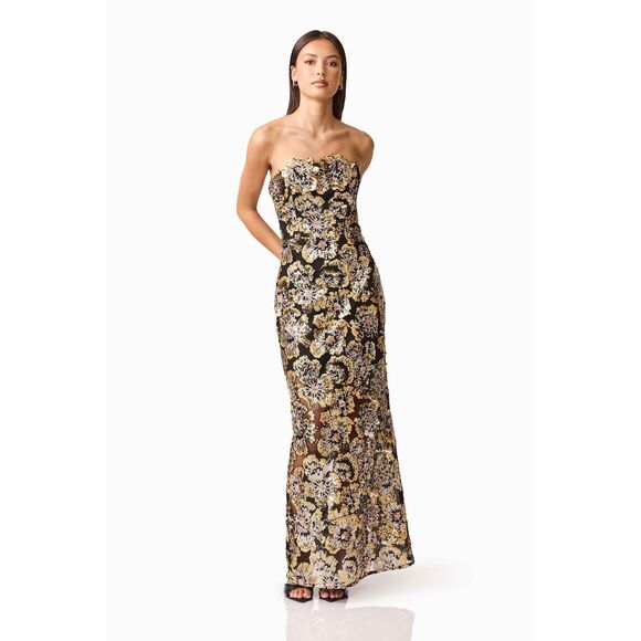 Elliatt Celeste Strapless Gown in Black & Gold wedding Guest Cocktail size S NWT - Picture 2 of 9